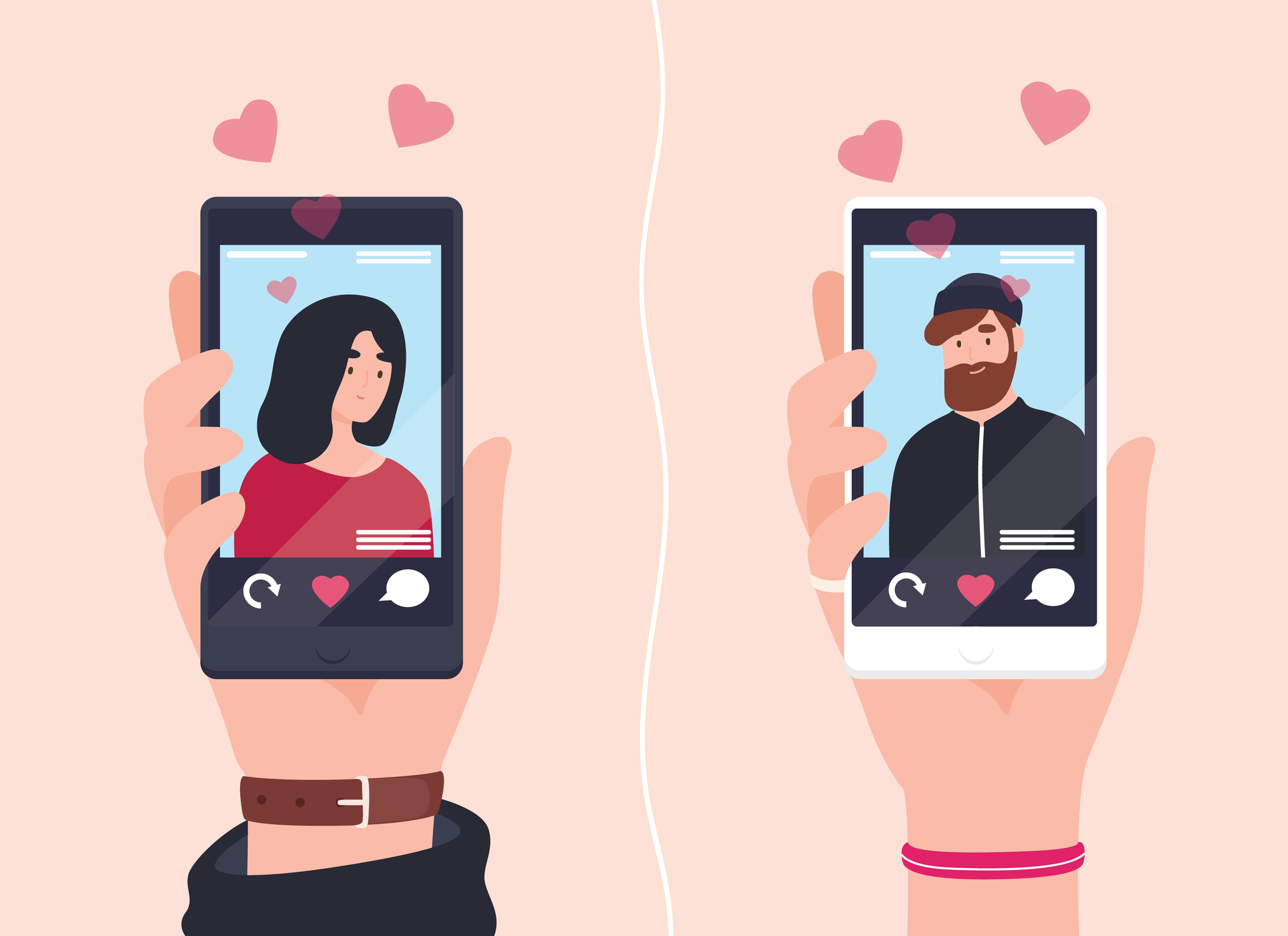 Male-and-female-hands-holding-smartphones-with-portraits-of-man-and-woman-on-screens.-Social-mobile-application-for-dating-searching-for-roman